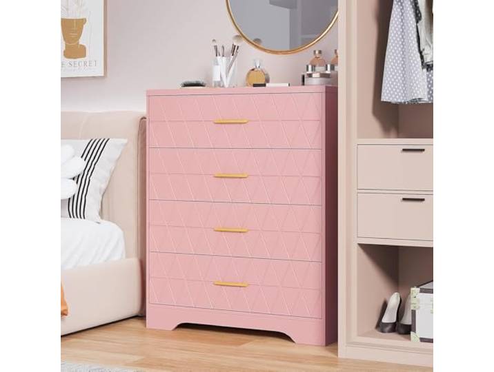 IDEALHOUSE Moderne hohe Kommode mit 4 Schubladen, schmaler Holz-Schubladenschrank – goldene Griffe, vertikaler Stauraum für Schlafzimmer/Flur/Wohnzimmer – Farbe: Rosa
