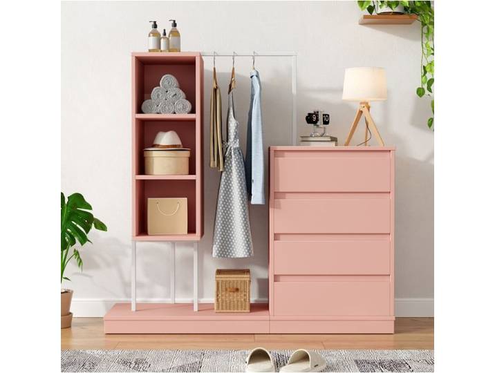 Armoire de chambre Rose Et Blanc Avec Tringle Commode Minimaliste FloraGrace Pour Chambre Ou Entrée 140x40x135cm
