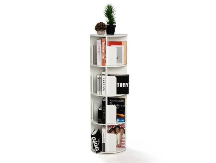 Bibliothèque pivotante - FURNITURER - Bibliothèque à 4 niveaux - Étagères pivotantes 360° - Blanche - Cylindrique