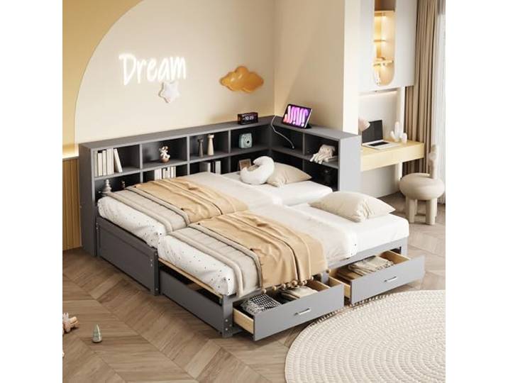 Ball & Cast Stauraumbett (90/180x190cm) mit Schublade, Schlafsofa mit Vielen Ablagefächern + Multifunktionale Euro-Steckdose, Einfach & Zeitsparend Montierbar, Grau