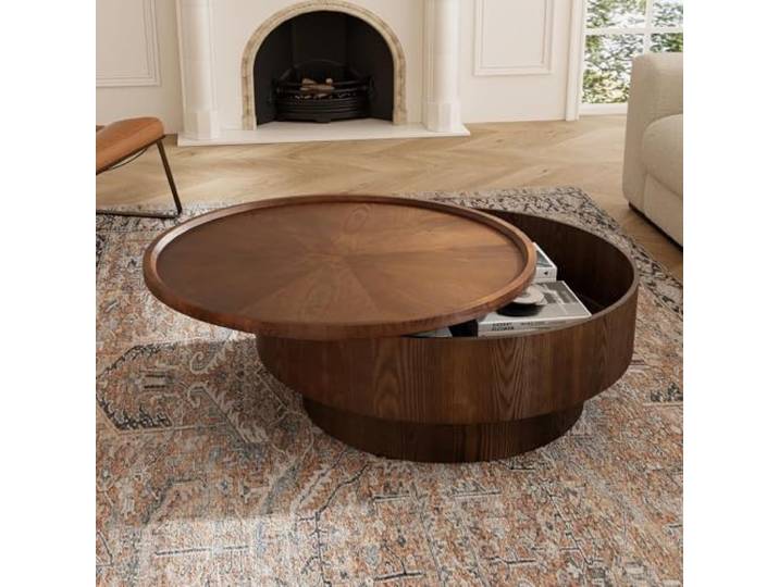 SOUWOFS Runder Couchtisch mit verstecktem Stauraum, 78CM Handgefertigt Beistelltisch, Sofatisch, Massivholzfurnier, Modern, Für Wohnzimmer und Apartments