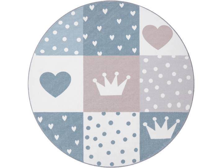 Kinderteppich PACO HOME Eliz 391 , beige, B:160cm H:12mm L:160cm Ø:160cm, Polyester, Teppiche, Kinderteppich, Kurzflor, Spielteppich, Patchwork-Muster, Motiv Krone, Herz & Punkte
