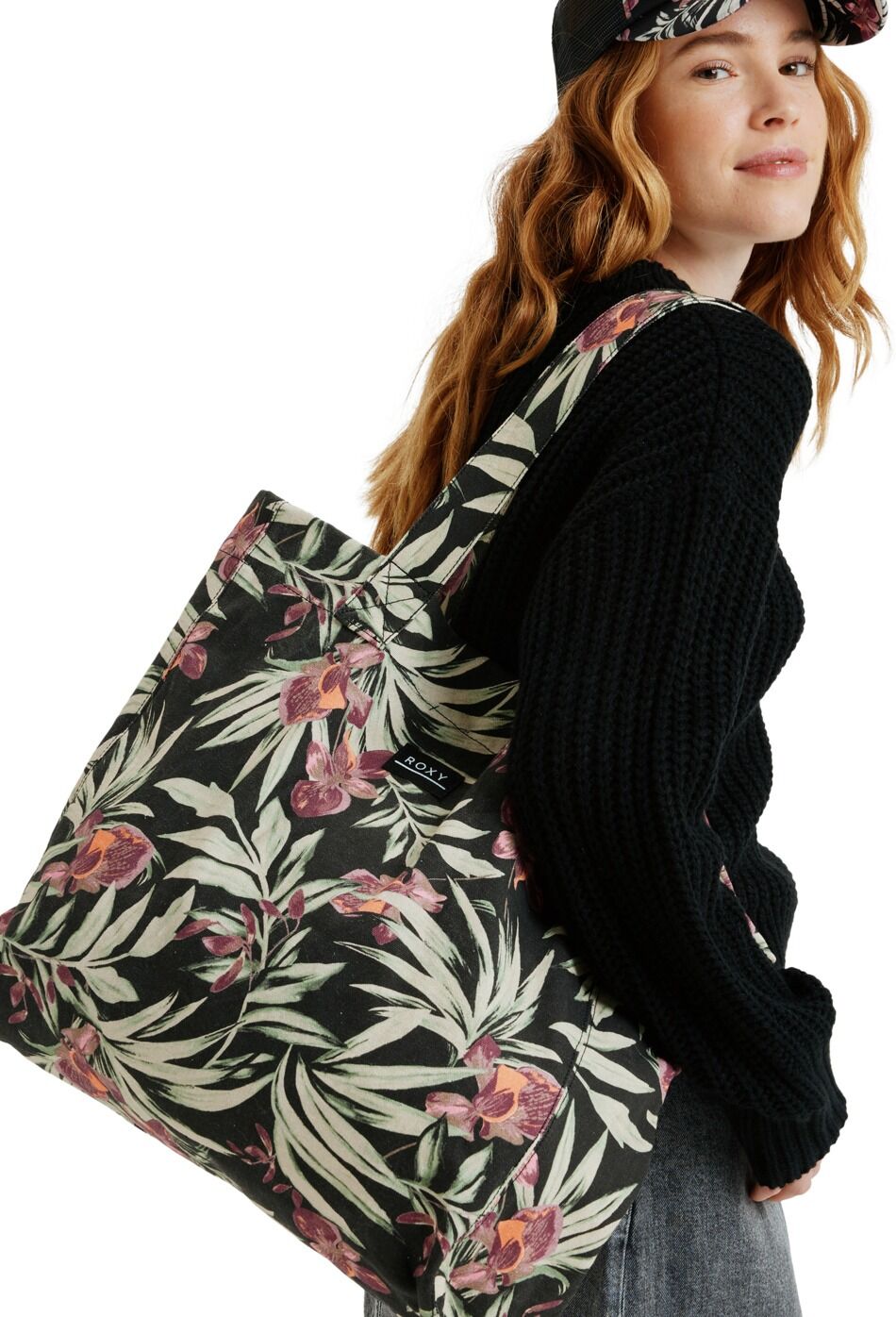 Strandtasche ROXY "Anti Bad Vibes", Damen, grau (anthrazit wind swept floral), Baumwolle, Taschen Strandtasche