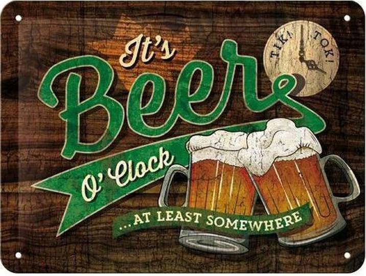 Tick Tock Beer o' Clock - Metalen wandbord in reliëf 15x20 cm