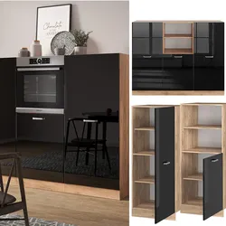 Vicco Küchenzeile R-Line Solid Eiche Schwarz 180 cm modern Küchenschränke Küchenmöbel