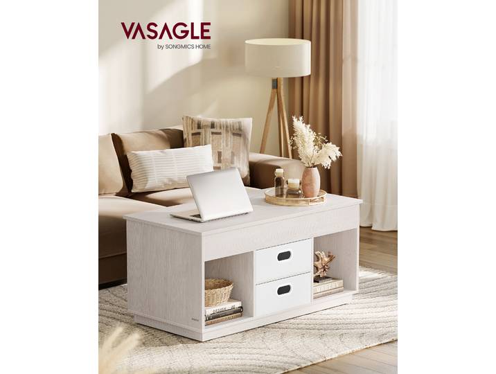 VASAGLE Table Basse, Table de Salon Relevable avec 2 Tiroirs et Compartiments Cachés, Compartiments Ouverts, pour Salon, Bureau à Domicile