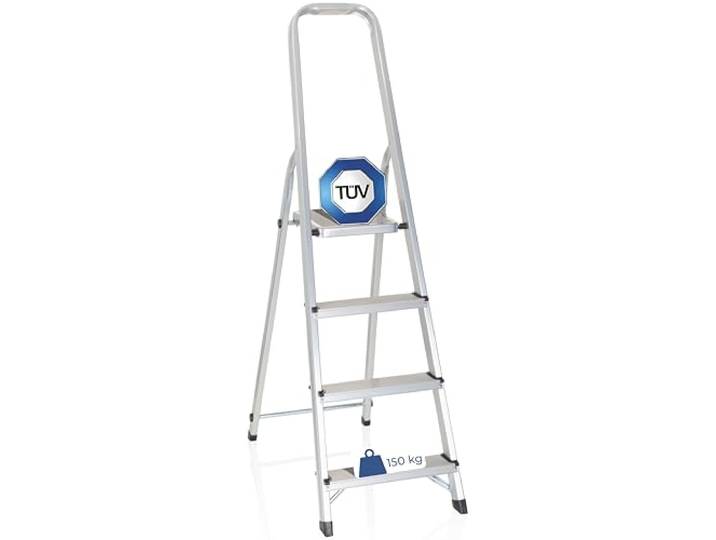 hjh OFFICE 801101 Solid II Escabeau Pliant en Aluminium\, avec 4 marches et Barre de sécurité\, Charge maximale : 150 kg\, Couleur Argent