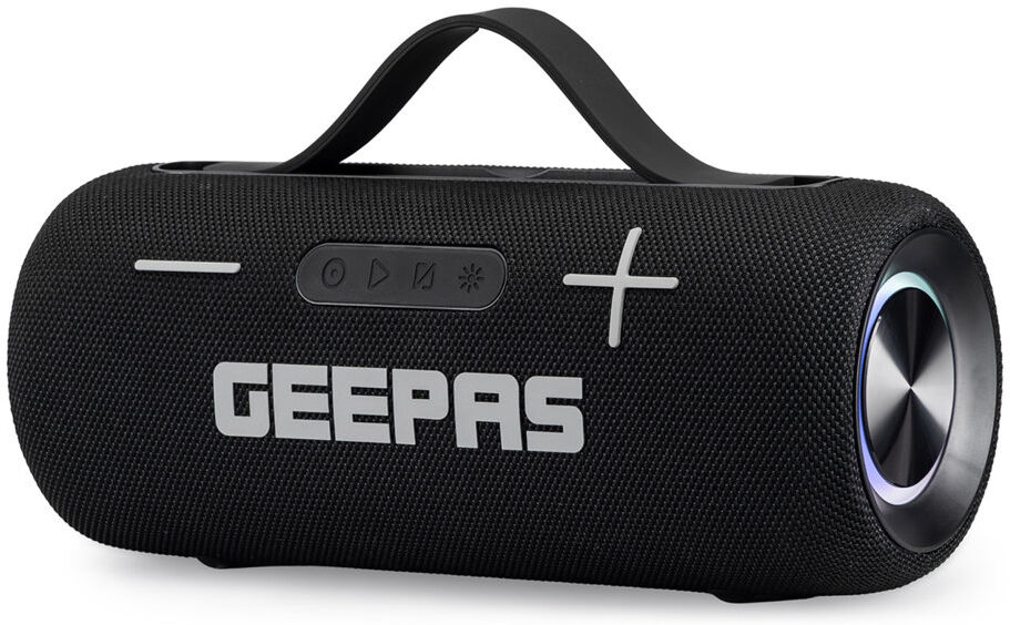 GEEPAS Waterproof Bluetooth Speaker   Portable Wireless Speaker with RGB Lights 10M Range IPX5 Rating 7H Playtime USB/Bluetooth 5.3/FM/TF/AUX/MIC Stra Satin Black