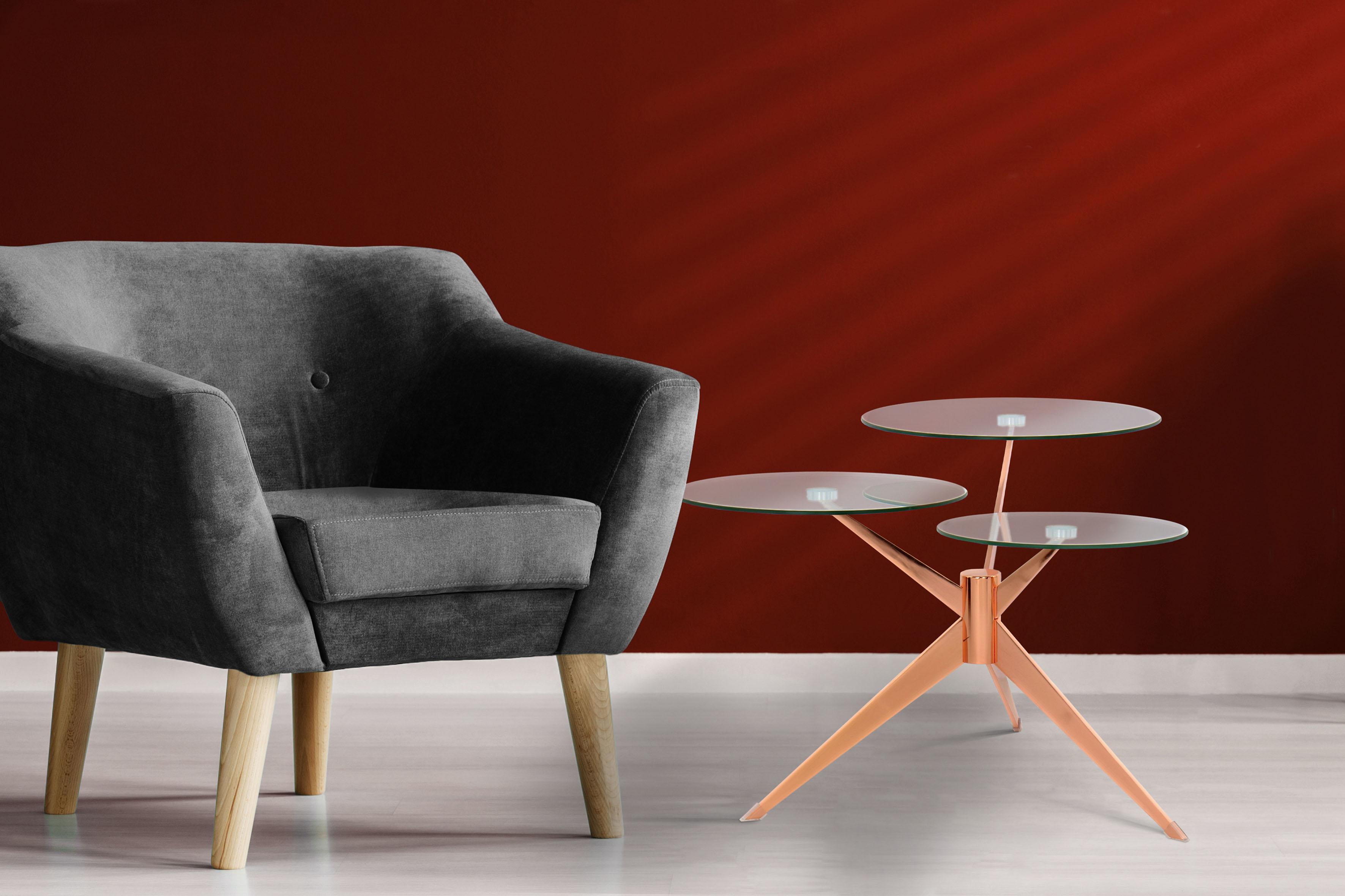Beistelltisch KAYOOM "Triplet, moderner, drei Tischplatten in versetzter Anordnung", rosa (rosé), B:75cm H:46cm T:75cm, Metall, Glas, Tische, Beistelltisch, Drei Tischplatten auf verschiedenen Höhen, Retro-Design rosé B/H/T: 75cm x 46cm x 75cm
