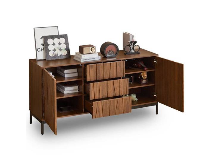 Buffet 150 cm en chêne foncé veiné - 3 tiroirs - grand buffet armoire de cuisine évidement en une seule partie Armoire décorative
