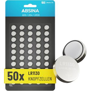 Absina Knopfzelle LR54 / LR1130 / AG10, 78 mAh, 50 Stück