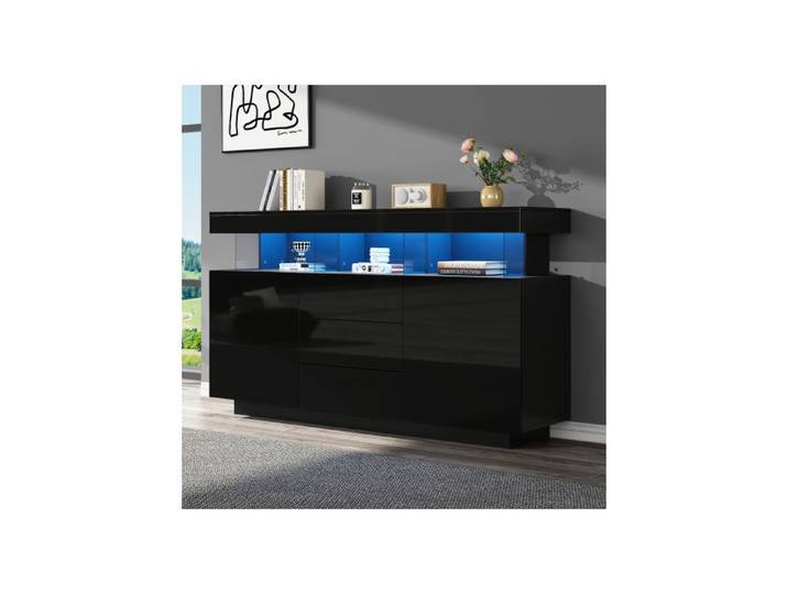 Buffet - WESTYLE - Buffet 140x35x80cm Noir Brillant avec LED - 3 tiroirs 2 portes - Design contemporain