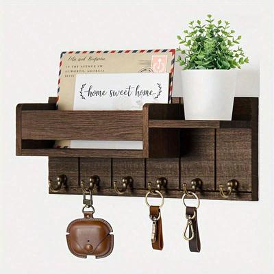 Perfect Picks Market Vintage Wall Mounted Key Rack With Mail Holder & Top Shelf, Farmhouse Wooden Entryway Organizer brown