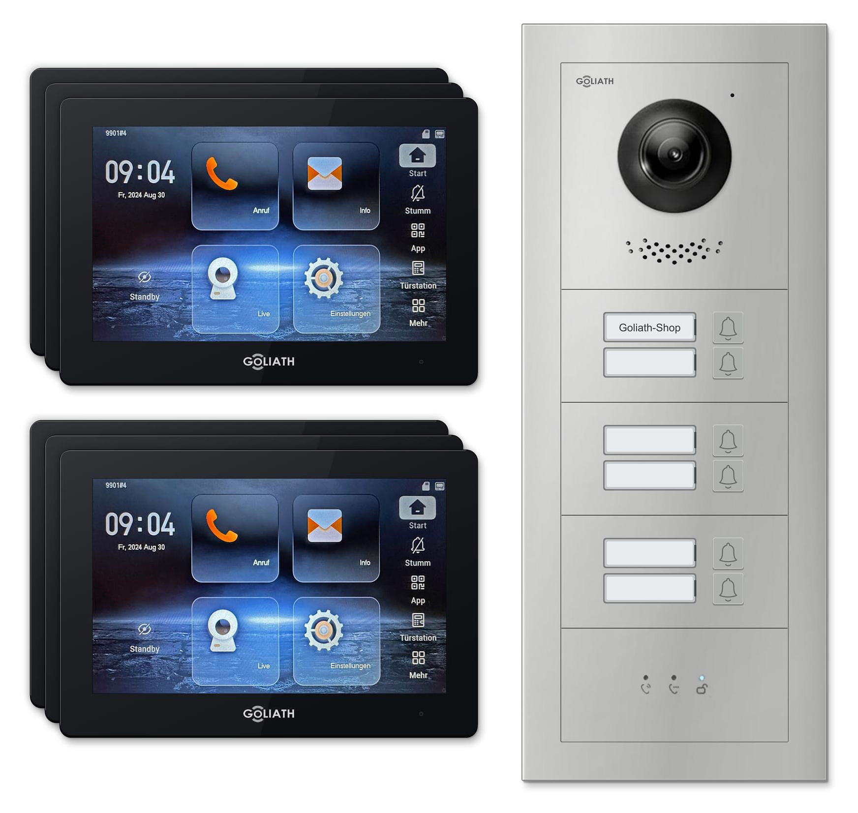 Goliath 2-Draht-BUS-Video-Türsprechanlage GL-HB600.2 für 6 Familien - Feedback-Modul, 6 Monitore (7 Zoll, schwarz), Türstation silber, mit Unterputzdose : 7 Zoll Schwarz : Silber : Unterputzdose Monitor Farbe: 7 Zoll Schwarz Montage: Unterputzdose Türklin