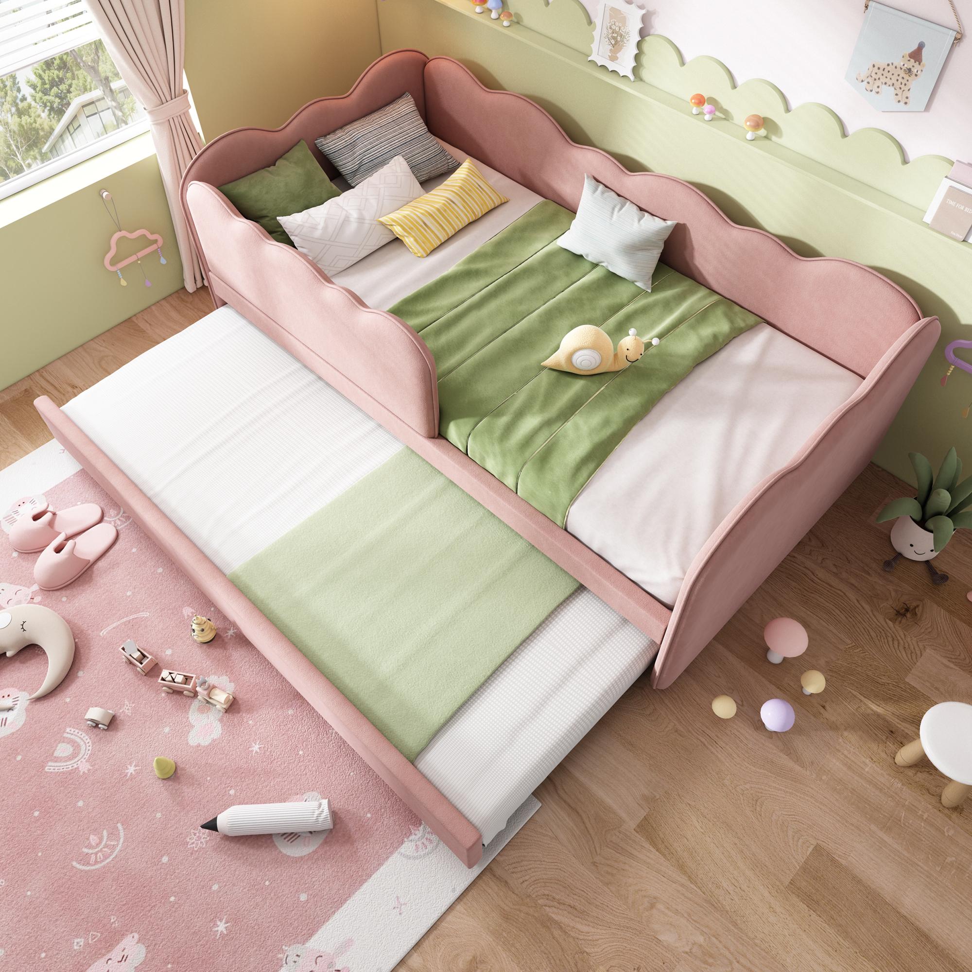 MODFU L-förmig Daybett ohne Matratze 90x190 Schlafsofa mit Lattenrost,Kinderbett mit Ausziehbett,Tagesbett in Wolkenform aus Samtmaterial,Rosa