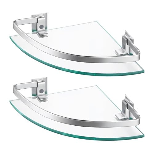 KES Set van 2 Aluminium en Gehard Glas Badkamer Hoekplanken, Zilver, Wandmontage
