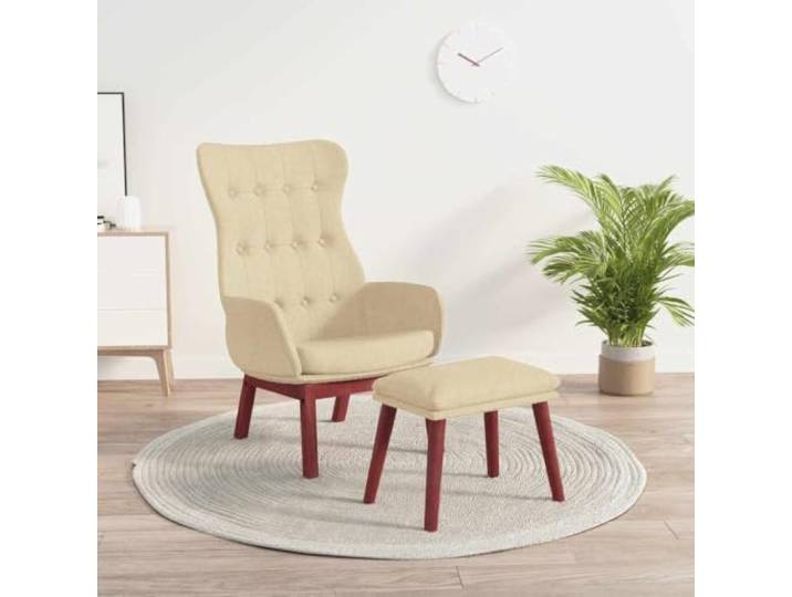 Relaxsessel mit Hocker Creme Stoff Strapazierfähiger Stoff,atmungsaktiv,Kautschukholz-Beine,Montageanleitung inklusive