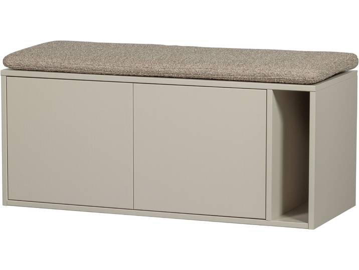 Sitzbank WOOOD Settle Down FSC-Kiefernholz mit Bouclé-Kissen, H 50 x B 108 x T 44 cm , beige (grau, grau), B:108cm H:45cm T:44cm, FSC-zertifiziertes Holz, Sitzbänke, Sitzbank, Kabeldurchführung, Maximale Verschleißfestigkeit, Pfleigleicht