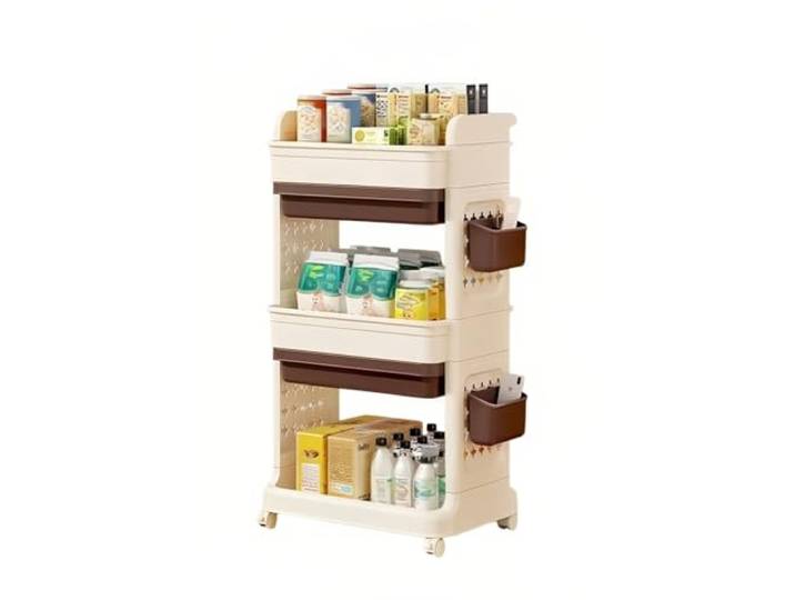 Essen Rollbarer Aufbewahrungswagen, mehrstöckiger, beweglicher Snack Organizer-Regal for Wohnzimmer(Bruin,Klein)