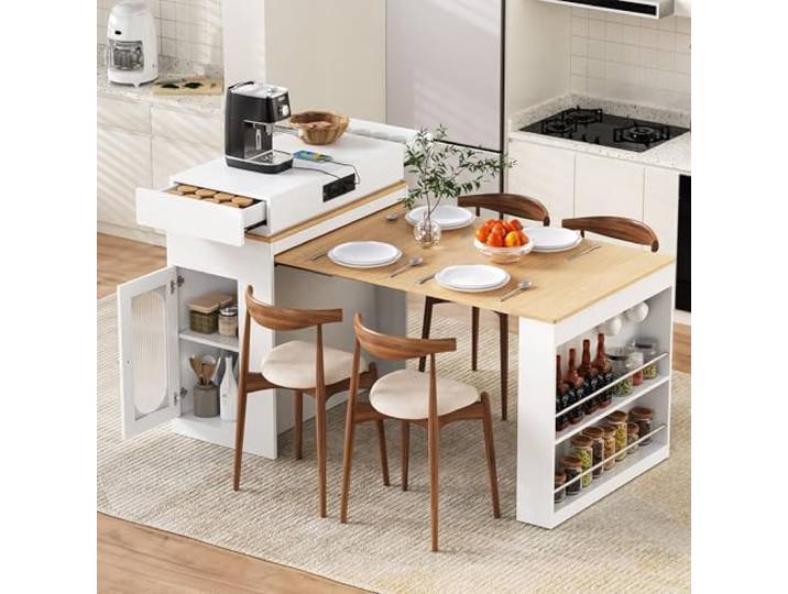 QQJIN Modernes Kücheninsel mit Rollen, Ausziehbarer Esstisch mit Steckdosenleisten und Haken, als Kücheninsel, Sideboard oder Bartisch für Küche und Esszimmer, Weiß Holzoptik,J
