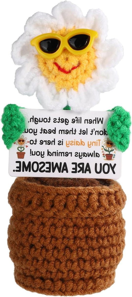 Handgemaakte Positieve Bloem Madeliefje met Zonnebril Decoratie met Kaart, Hoogte: 13 cm