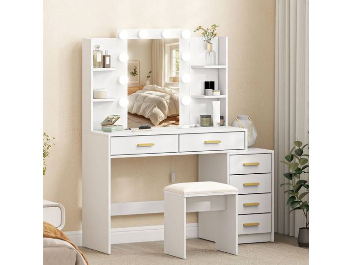 HOMCOM Coiffeuse Blanche avec Miroir LED, Tabouret et 6 Tiroirs