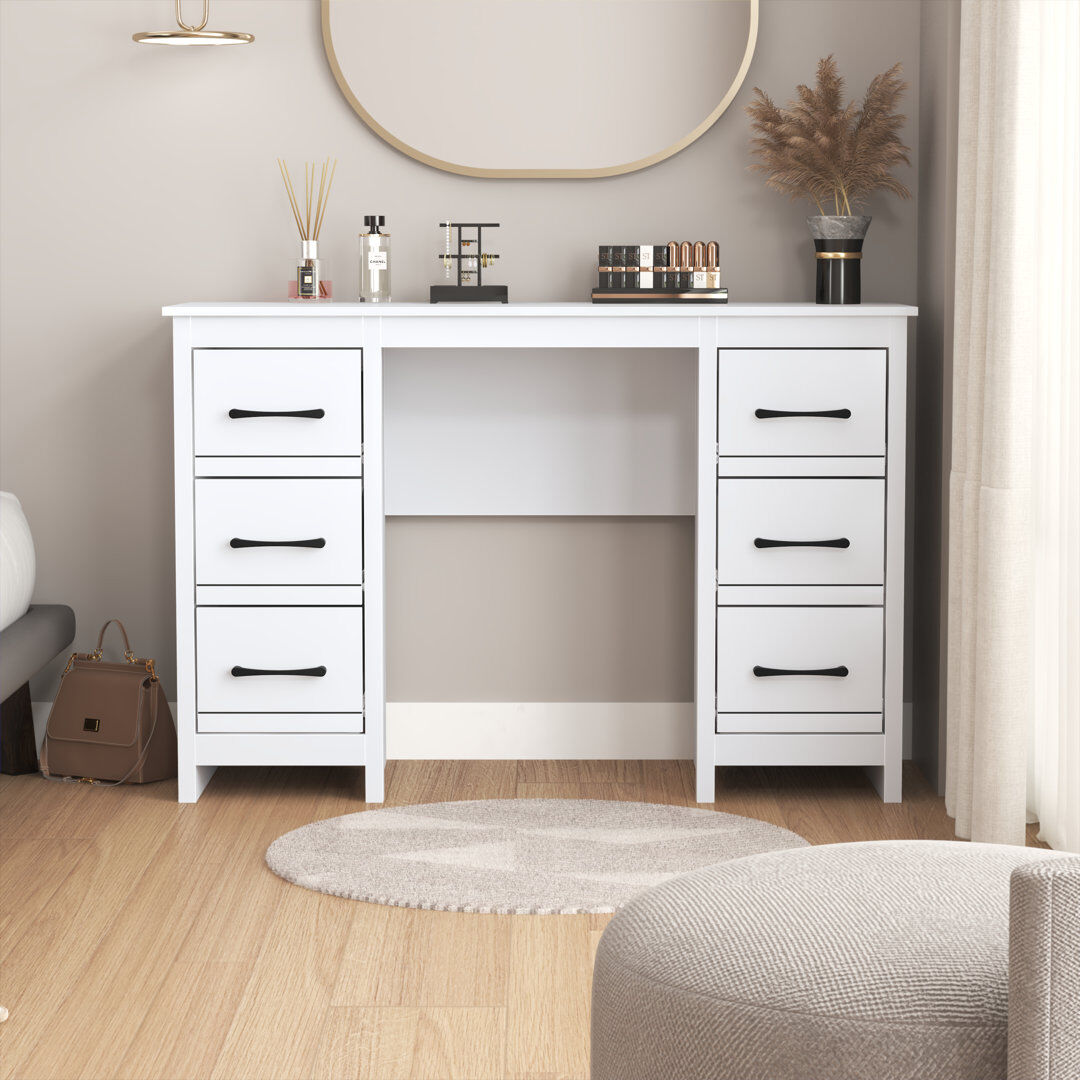 August Grove Limestone Alezae 6 Drawers Dressing Table White 75cm H X 119.5cm W X 39.8cm D