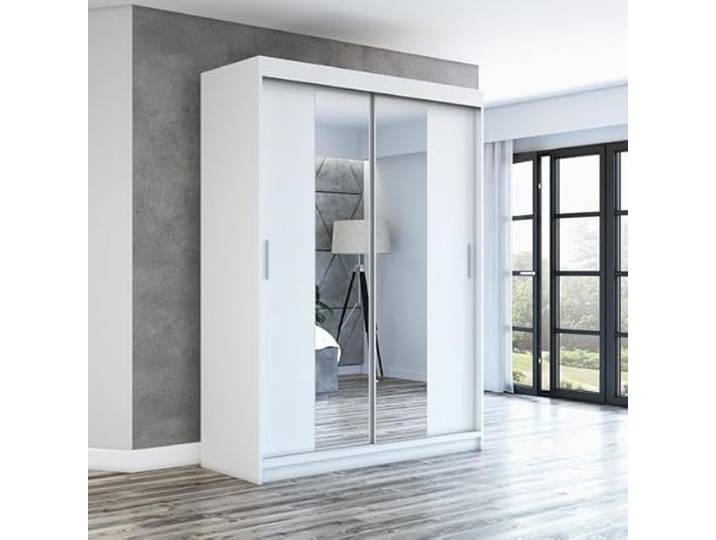 A&J MöbelLand Schwebetürenschrank NEO Kleiderschrank 2-türig mit Spiegel, Garderobe 180 cm (Weiß)
