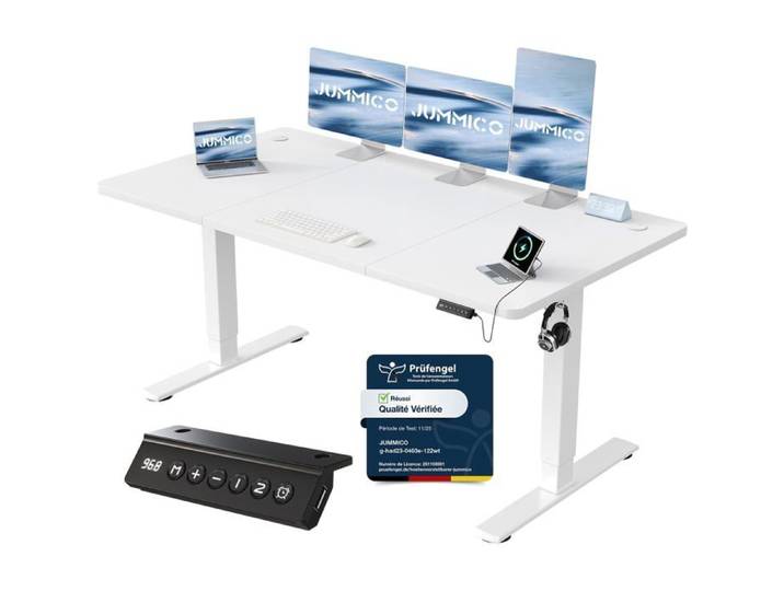 Bureau Assis Debout 160x70 cm Rappel Posture 2 Mémoires Blanc Rappel Posture Bureau Ordinateur Réglable en