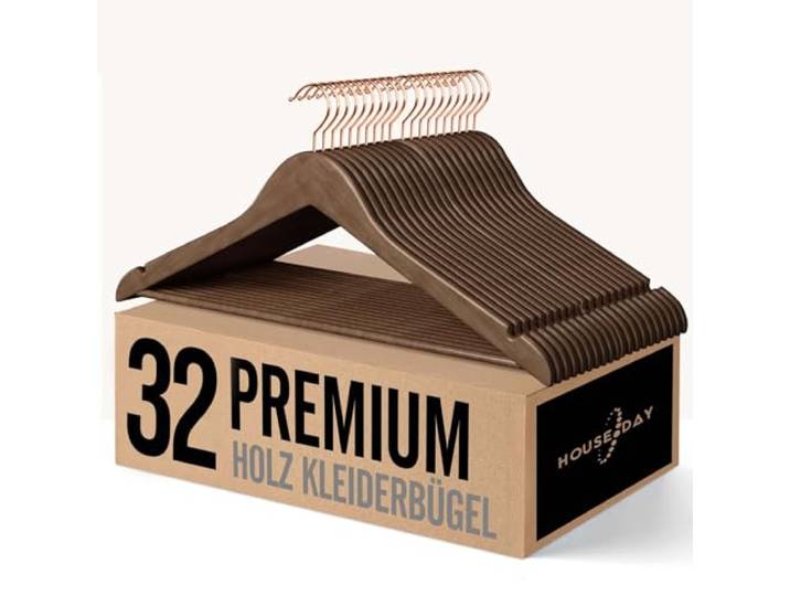 HOUSE DAY Pak van 32 houten hangers, roségouden haak, robuuste haak voor kleding Topkwaliteit gladde afwerking, houten hangers voor notenhouten kleding