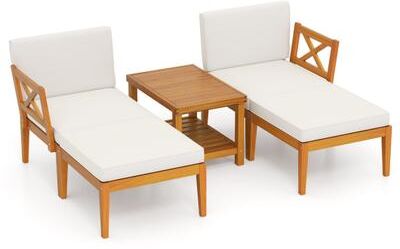 Costway 5 Pieces Acacia Wood Patio Chaise Lounge Chair Set with Ottoman and Cushions-White