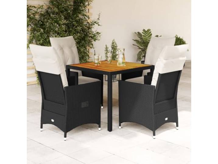 HEFZGDB 5-TLG. Garten-Essgruppe mit Kissen Schwarz Poly Rattan, Outdoor Esstischgruppe mit verstellbaren Sesseln und Akazienholz Tischplatte für Terrasse Garten, wetterfestes PE