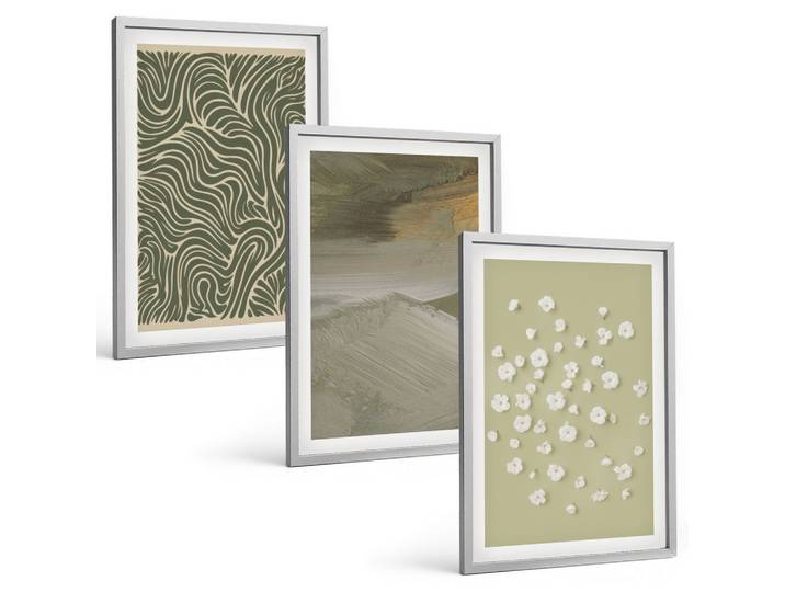BILDER SET 3er Set - 40x60 cm Silberner Rahmen - Abstrakte florale Wellenmuster