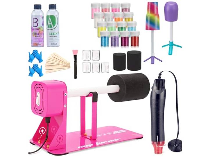 Becherwender zum Basteln, Becherdreher, Glitzerpulver, Epoxidharz-Set für Becher für Anfänger mit Epoxid- und Heißluftpistole, Rose