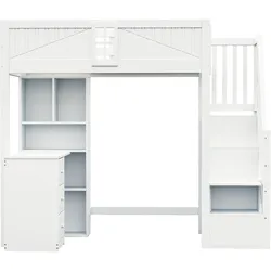 MODFU Hochbett Massivholz Weiß 252,5x118x170 cm mit Schreibtisch, Schränken, Schubladen und austauschbarer Leiter