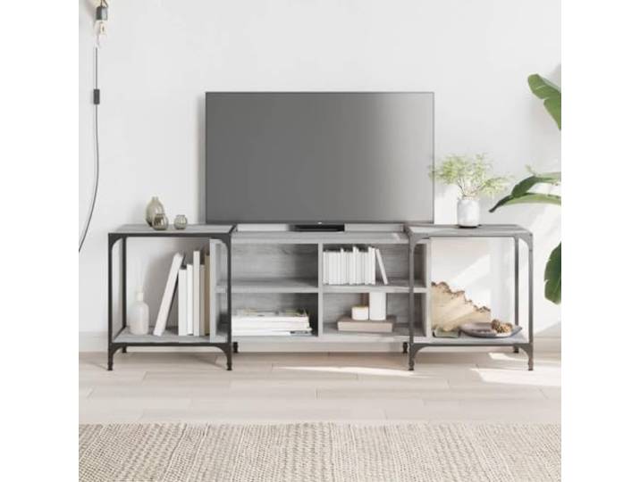 Owoxanthellate TV Lowboard aus Holzwerkstoff und Metall Sonoma Eiche Grau verstellbar 89-153 x 37 x 50 cm Modernes Sideboard mit Stauraum für Wohnzimmer Schlafzimmer Flur