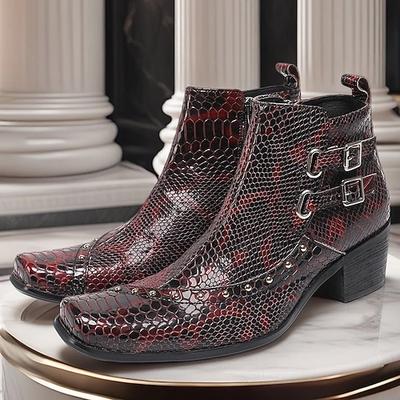 Herren-Lederstiefel mit Schlangenmuster – dunkelrot, auffällig und trendig, ideal für Rock'n'Roll-inspirierte Mode
