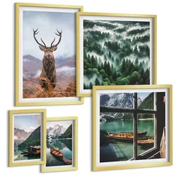 BILDER SET 5er Set - 50x50 cm & 20x30 cm & 40x60 cm Goldrahmen - Nebel auf dem Bergsee, Bootsfahrten, Nebel