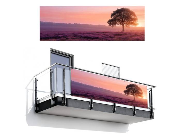 MuchoWow Balkon-Sichtschutz Baum - Heidekraut - Sonnenaufgang, Flieder, Kunststoff, Rechteckig, 300x100 cm, Sonnenschutz, Sichtschutz