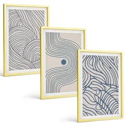 BILDER SET 3er Set - 40x60 cm Goldrahmen - Abstrakte Linien, Wellenformen