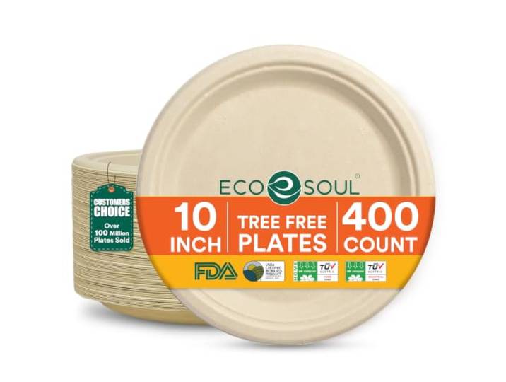 ECO SOUL Einweg-Bagasse-Teller(25cm) 10 rund(400 Stück) Nachhaltige Alternative, 100% kompostierbar, Extra stabildeal für den täglichen Gebrauch, Premium Qualität, 400er Pack
