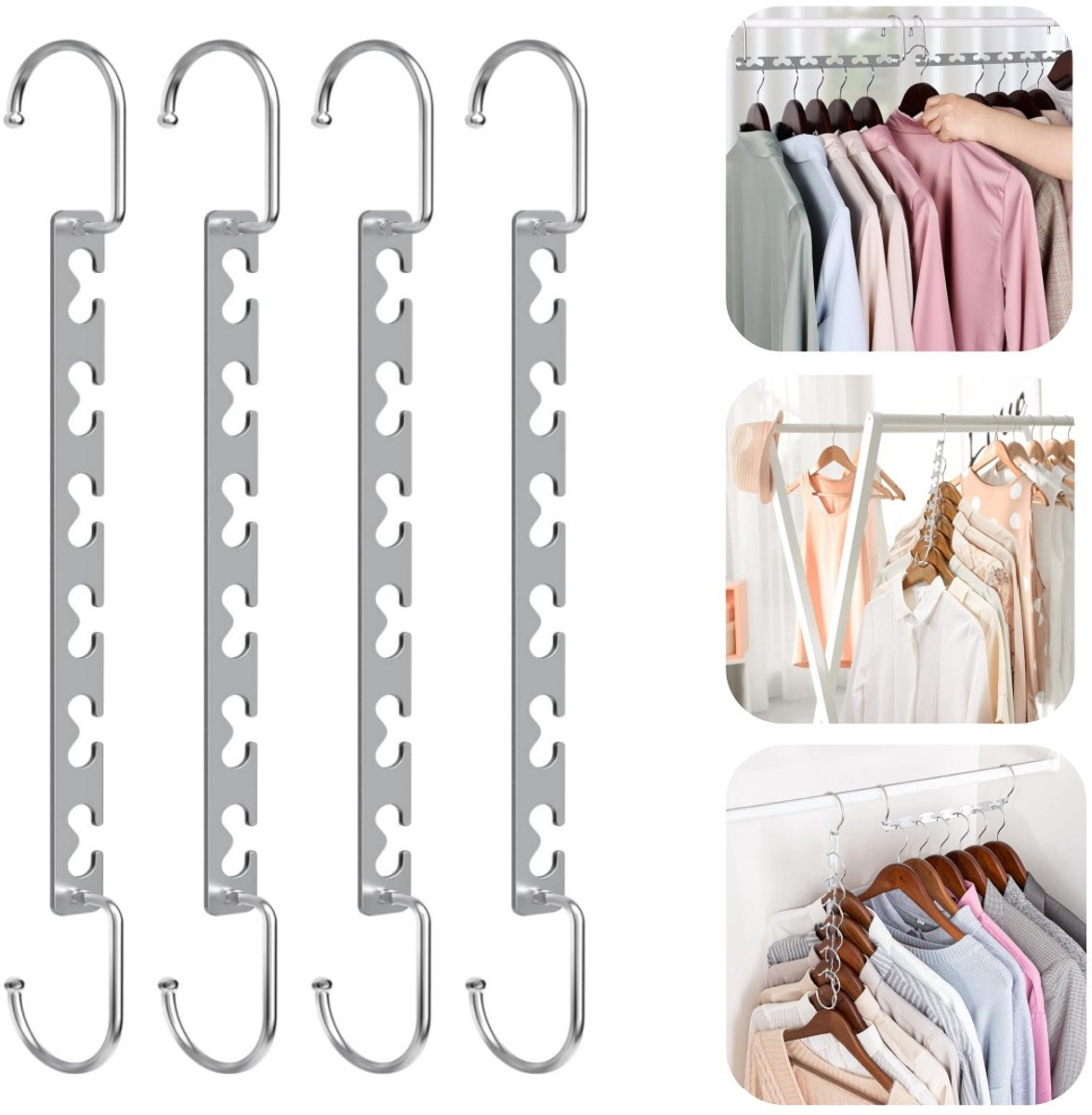 Set van 4 draaibare metalen kledingorganizers met 6 gaten, zilver, 7,6 x 25,4 cm