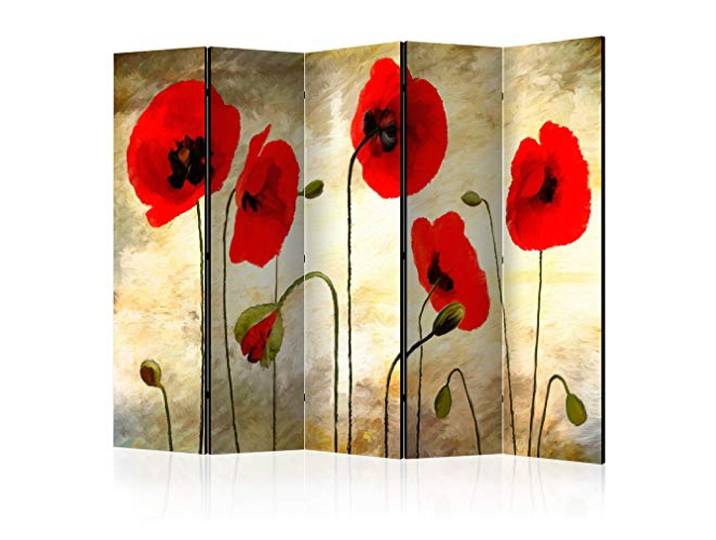 decomonkey Paravent Raumteiler Innen Mohnblumen, 225x172 cm, 5-teilig Einseitig, Wohnzimmer, Room Divider, Wall, Raumteiler Stehend, Trennwand, Sichtschutz, Spanische Wand, Sichtschutzwand, Holz