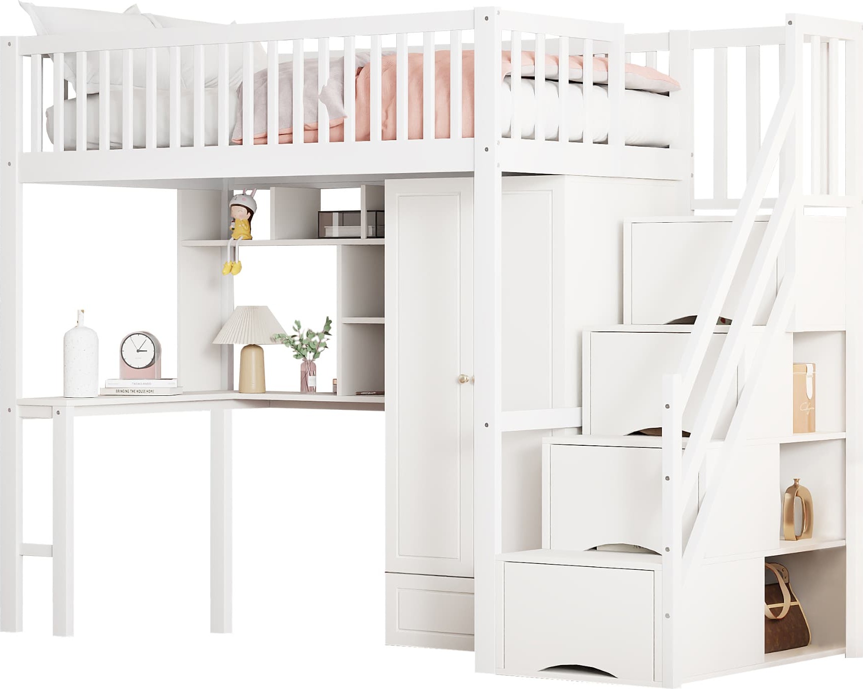 Hochbett,Kinderbett mit großem Kleiderschrank Regal und Tisch,Mit Grosse Stauraum,Treppe,Mehrzweckbetteinheit Holzbettgestell