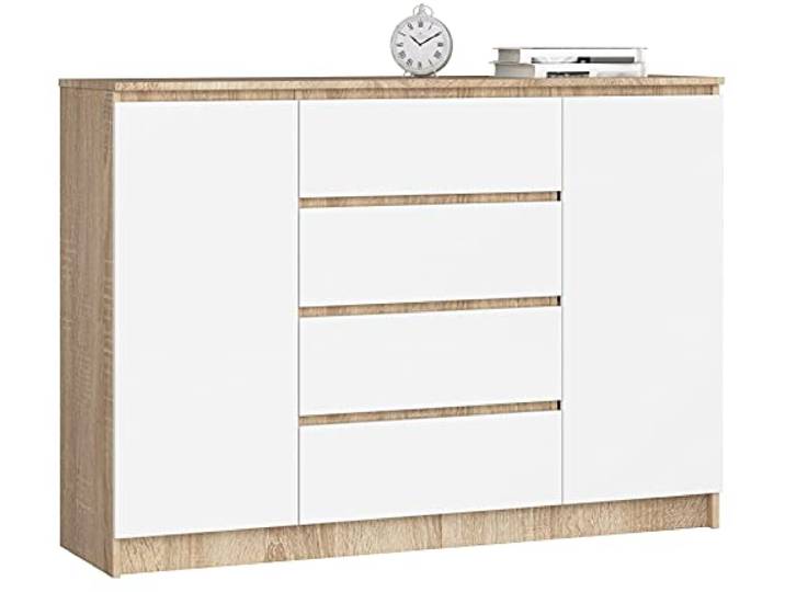 AKORD Kommode K 140 cm 4 Schubladen und 2 Türen zum Wohnzimmer Schlafzimmer Arbeitszimmer Modernes funktionales Design Schichtstoffplatte Farbe Sonoma/Weiß