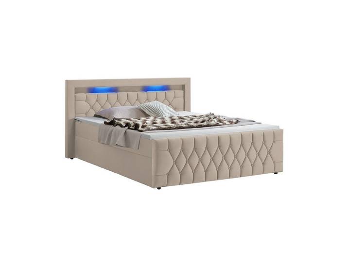Juskys Polsterbett Leona, 180x200 cm, Boxspringbett-Optik, Samt-Bezug, LED-Licht, H4 Matratze