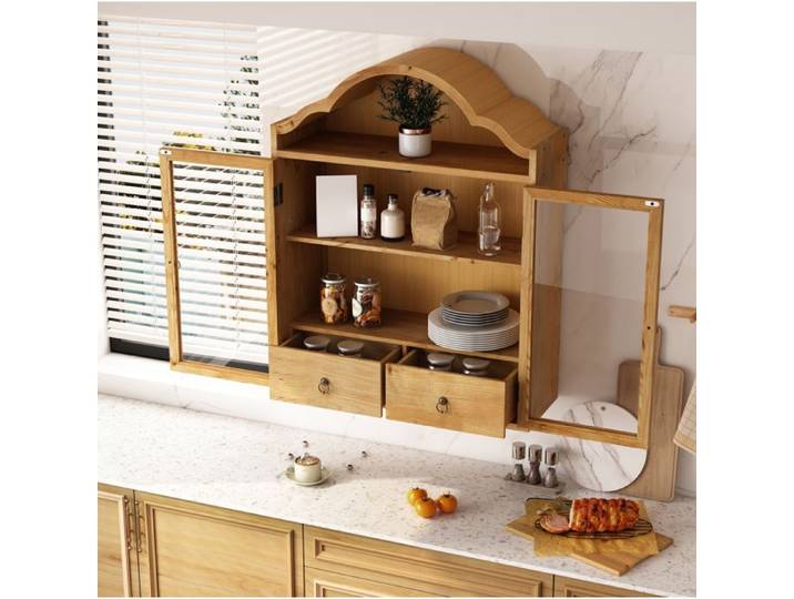 Armoire Murale 2 Portes Vitrées 2 Tiroirs et Étagères Réglables - MEUNIQ - Rétro Bois Naturel 60×22×76 5 cm