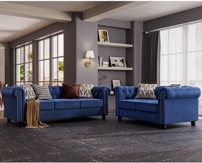 Morden Fort Upholstered Chesterfield Loveseat and Sofa, 2 Pieces Velvet Tufted Furniture with Nailhead for Living Room