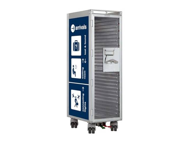 VanDeBord Flugzeugtrolley Bon Voyage Blau (Glastür), Gebrauchtes Original aus der Luftfahrt - ausgemustert und hochwertig restauriert, Flugzeug Servierwagen, Original Airline Trolley