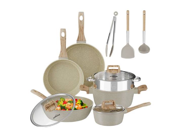 HOMELUX Topf-Set Kochgeschirr-Set, Induktions Töpfe Set, Antihaftbeschichtung, Aluminium, Edelstahl (Pfanne 24/28cm, Tiefe Bratpfanne 28cm, 12-tlg., Topf mit Dampfgarer 24cm, Milchtopf 16cm), Induktion